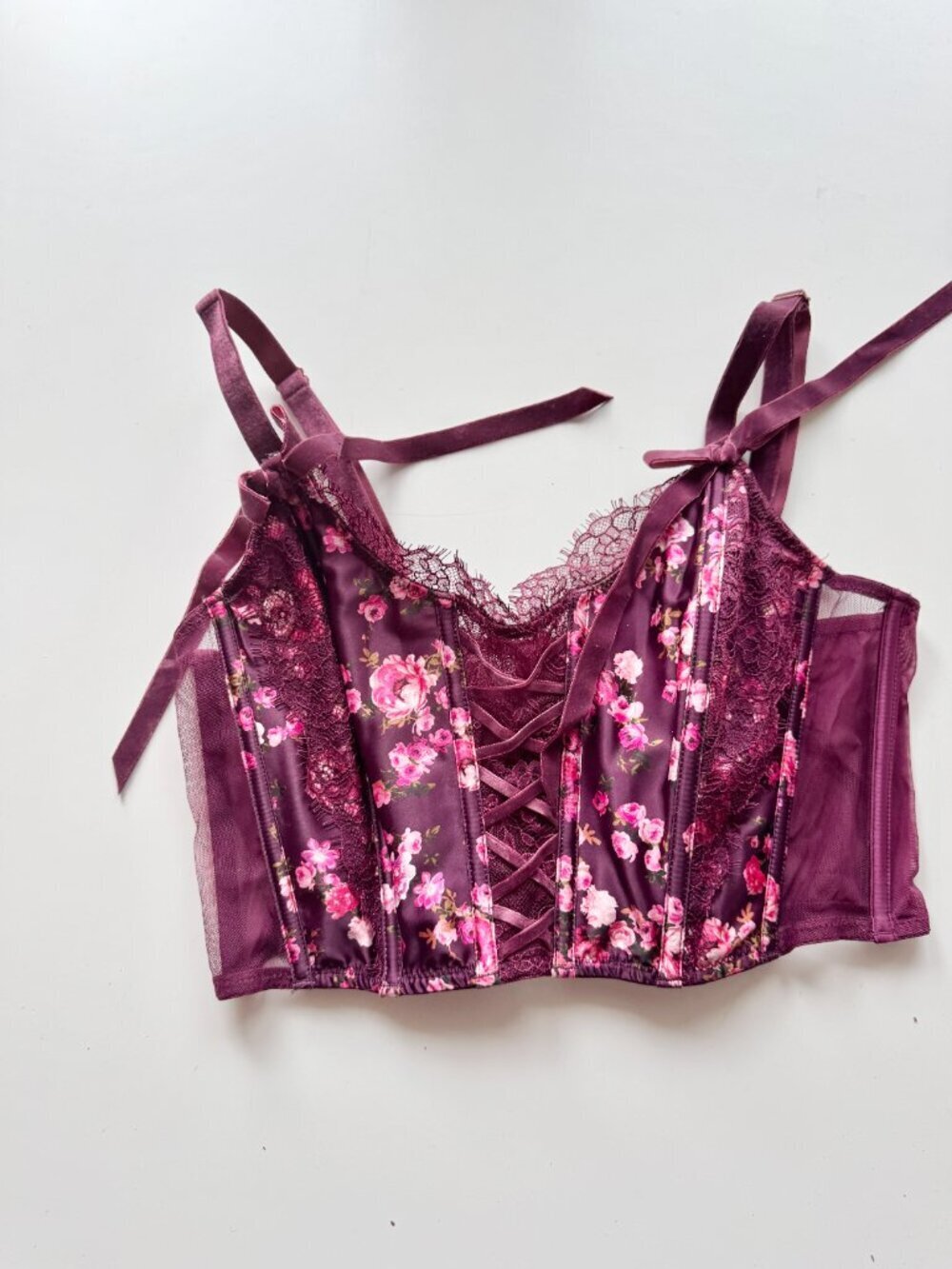 VICTORIA'S SECRET Peony Trellis Maroon Floral Lace Satin Bustier Top, Size M - Picture 5 of 15